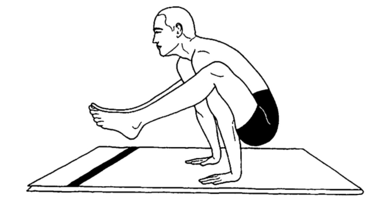 Yoga practitioner demonstrating Dwi Hasta Bhujasana, the two-hands and arms balancing pose,Step-by-step arm-balancing pose practice at a yoga teacher training school in Rishikesh